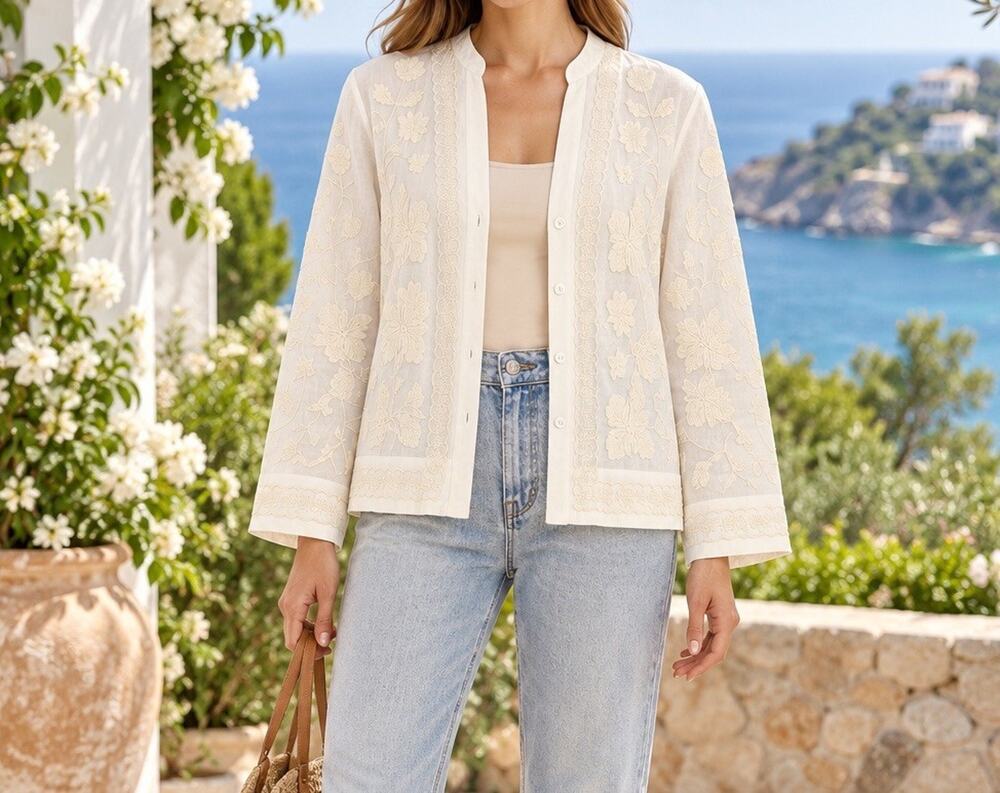 Zara Womens M Ivory Linen Blend Embroidered Floral Button Front Jacket